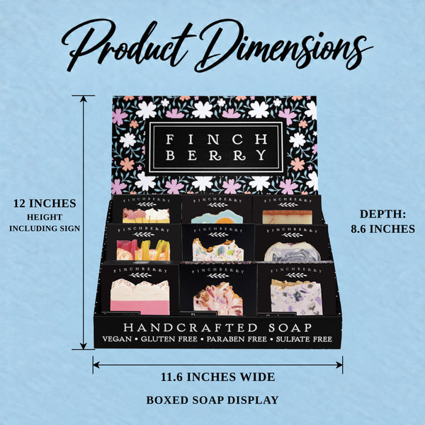 Boxed soap countertop display dimensions: 11.6 inches wide, 8.6 inches deep, and 12 inches high including sign.