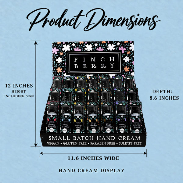 Travel Hand Cream Display dimensions: 11.6 inches wide, 8.6 inches deep, 12 inches high including sign.