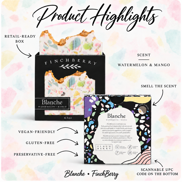 Blanche boxed soap product highlights with scent
