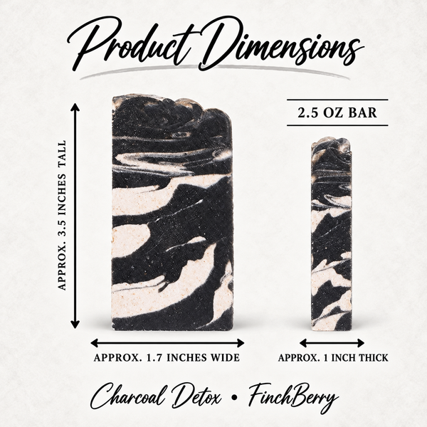 Charcoal Detox soap dimensions: approximately 3.5 inches tall, 1.7 inches wide, 1 inch thick, and 2.5 ounce bar