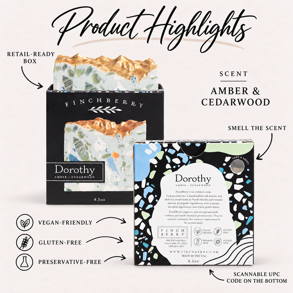 Dorothy boxed soap product highlights: Amber & Cedarwood scent, retail-ready box, scent hole, UPC and product attributes