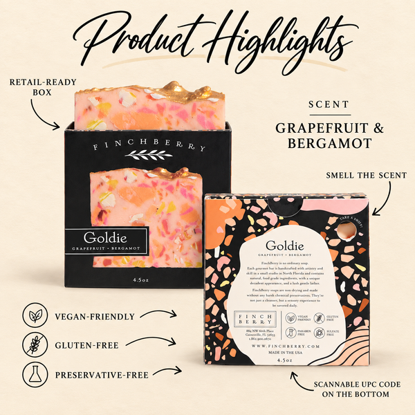 Goldie boxed soap product highlights: Grapefruit & Bergamot scent, retail-ready box, scent hole, UPC and product attributes