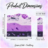 Grapes of Bath soap dimensions: approximately 3.5 inches wide by 3.5 inches tall, 1 inch thick, 4.5 ounce bar