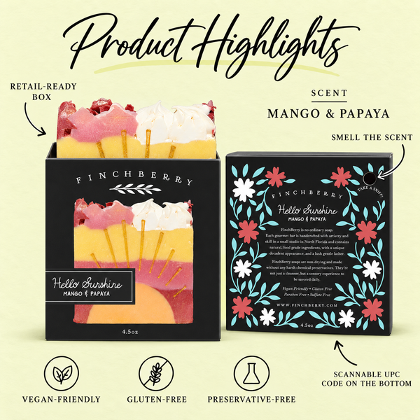 Hello Sunshine boxed soap product highlights: Mango & Papaya scent, retail-ready box, scent hole, UPC and product attributes