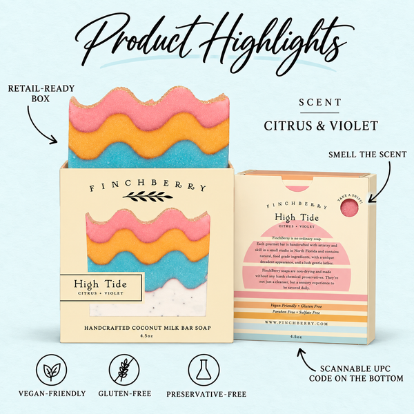 High Tide boxed soap product highlights: Citrus & Violet scent, retail-ready box, scent hole, UPC and product attributes