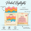 High Tide boxed soap product highlights: Citrus & Violet scent, retail-ready box, scent hole, UPC and product attributes
