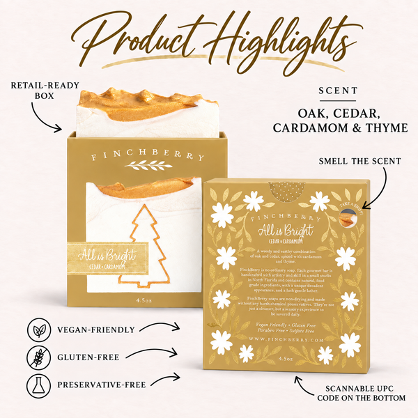 Holiday All Is Bright boxed soap product highlights: Oak, Cedar, Cardamom & Thyme scent, retail-ready box, actual scent hole, UPC and product attributes
