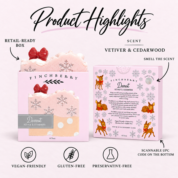 Holiday Deerest boxed soap product highlights: Vetiver & Cedarwood scent, retail-ready box, scent hole, UPC and product attributes