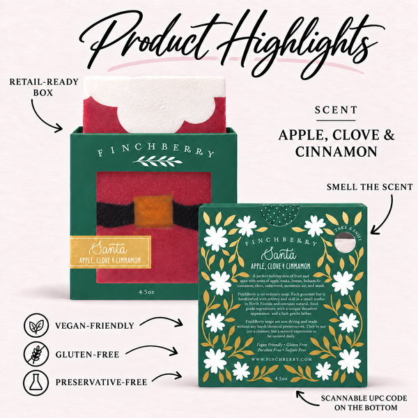 Holiday Santa boxed soap product highlights with one soap bar, Apple, Clove and Cinnamon scent, scent hole, UPC, and product attributes