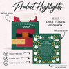 Holiday Santa boxed soap product highlights with one soap bar, Apple, Clove and Cinnamon scent, scent hole, UPC, and product attributes