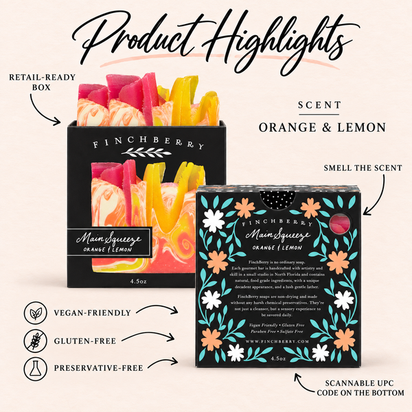 Main Squeeze boxed soap product highlights: Orange & Lemon scent, retail-ready box, scent hole, UPC and product attributes