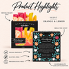 Main Squeeze boxed soap product highlights: Orange & Lemon scent, retail-ready box, scent hole, UPC and product attributes