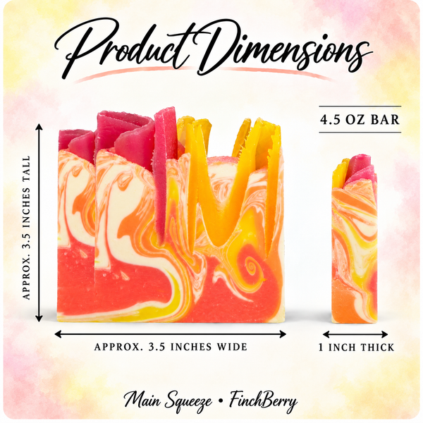 Main Squeeze soap dimensions: approximately 3.5 inches wide by 3.5 inches tall, 1 inch thick, 4.5 ounce bar