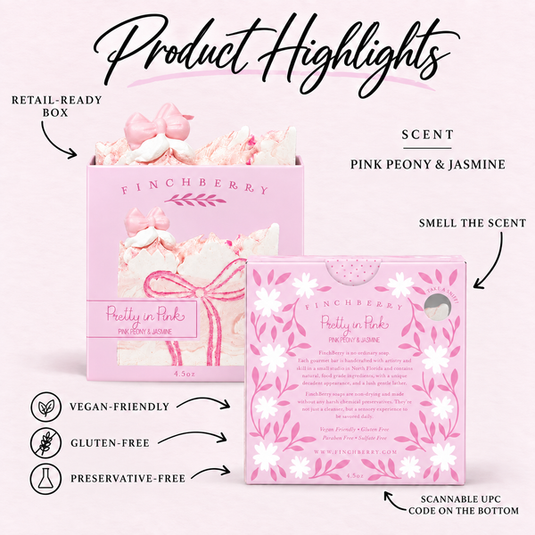 Pretty in Pink boxed soap product highlights: one pink bow, Pink Peony & Jasmine scent, retail-ready box, scent hole, UPC and product attributes