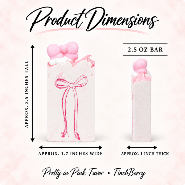 Pretty in Pink Favor soap dimensions: approximately 3.5 inches tall, 1.7 inches wide, 1 inch thick, and 2.5 ounce bar