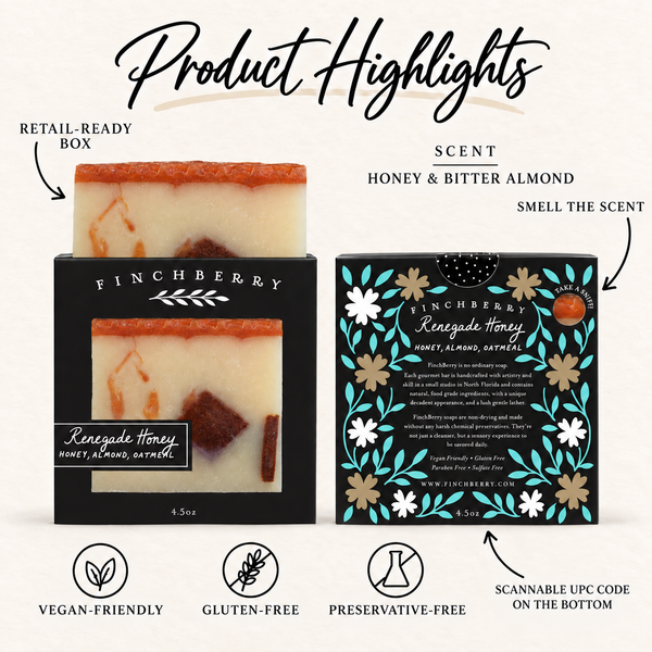 Renegade Honey boxed soap product highlights with Honey and Bitter Almond scent, scent hole, and arrow indicating scannable UPC code on the bottom
