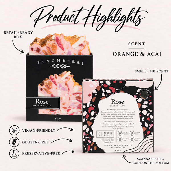 Rose boxed soap product highlights: Orange & Acai scent, retail-ready box, scent hole, UPC and product attributes