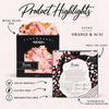 Rose boxed soap product highlights: Orange & Acai scent, retail-ready box, scent hole, UPC and product attributes