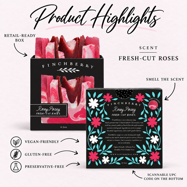 Rosey Posey boxed soap product highlights: Fresh-Cut Roses scent, retail-ready box, scent hole, UPC and product attributes