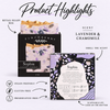Sophia boxed soap product highlights: Lavender & Chamomile scent, retail-ready box, scent hole, UPC and product attributes
