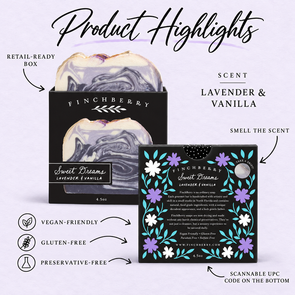 Sweet Dreams boxed soap product highlights: Lavender & Vanilla scent, retail-ready box, scent hole, UPC and product attributes