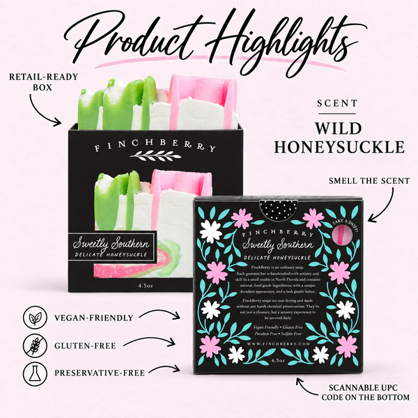 Sweetly Southern boxed soap product highlights: Wild Honeysuckle scent, retail-ready box, scent hole, UPC and product attributes