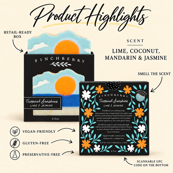 Tropical Sunshine boxed soap product highlights: Lime, Coconut, Mandarin & Jasmine scent, retail-ready box, scent hole, UPC and product attributes