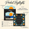 Tropical Sunshine boxed soap product highlights: Lime, Coconut, Mandarin & Jasmine scent, retail-ready box, scent hole, UPC and product attributes